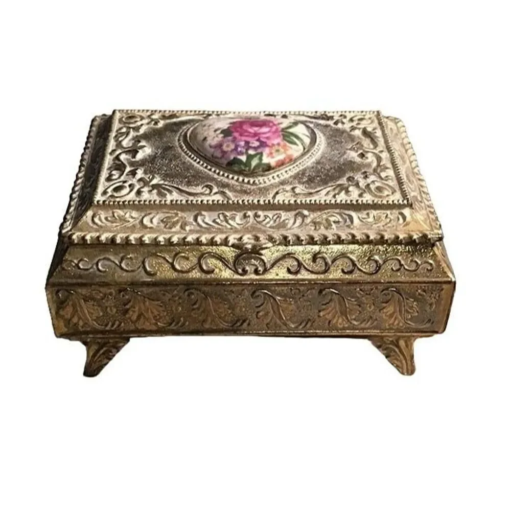 Vintage Japan Silver Plated Footed Jewelry Box Heart Floral Porcelain Inlay